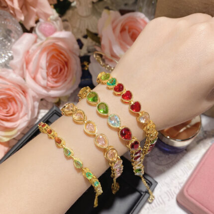 Bracelet gemmes colorées à tourmaline 18K plaqué or à la mode pour femmes
