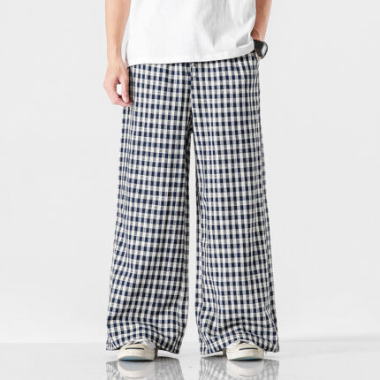 Pantalon ample en coton et lin à carreaux